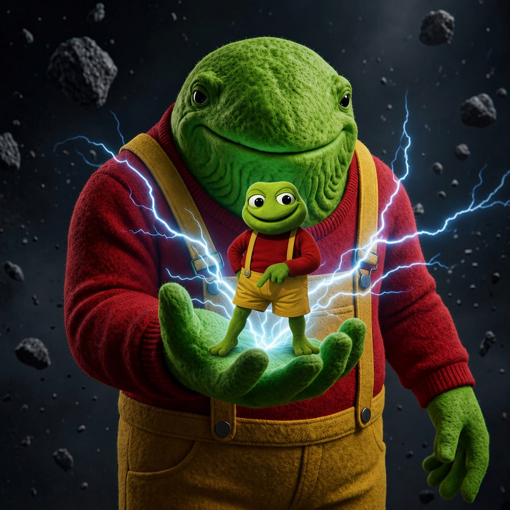 The Toad Whale holding the little toad in its palm, wrapped in lightning